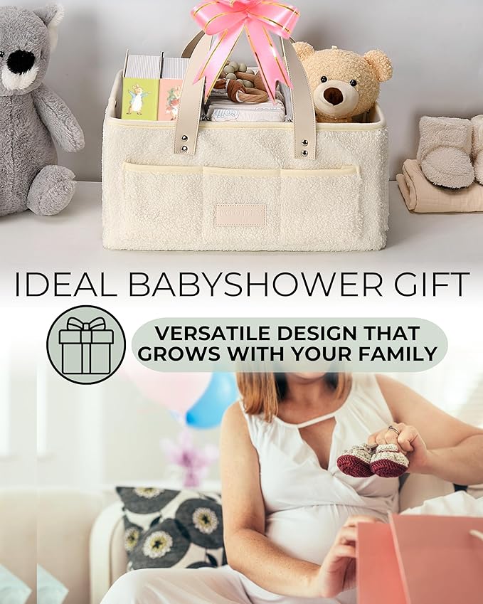 Baby Diaper Caddy Organizer with Portable Changing Mat - Teddy Fleece Diaper Organizer for Changing Table - Basket for Changing Essentials - Baby Essentials Organizer with Removable Dividers