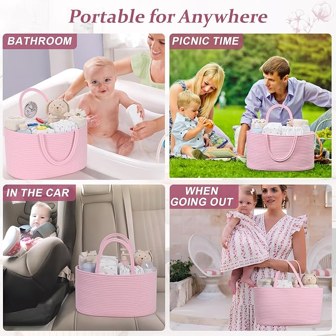 Baby Diaper Caddy Organizer, Cotton Rope Diaper Basket, Baby Basket for Changing Table, Nursery, Car, Changing Table Storage Bin With Removable Divider, Baby Shower Gifts for Newborn, Baby Essentials