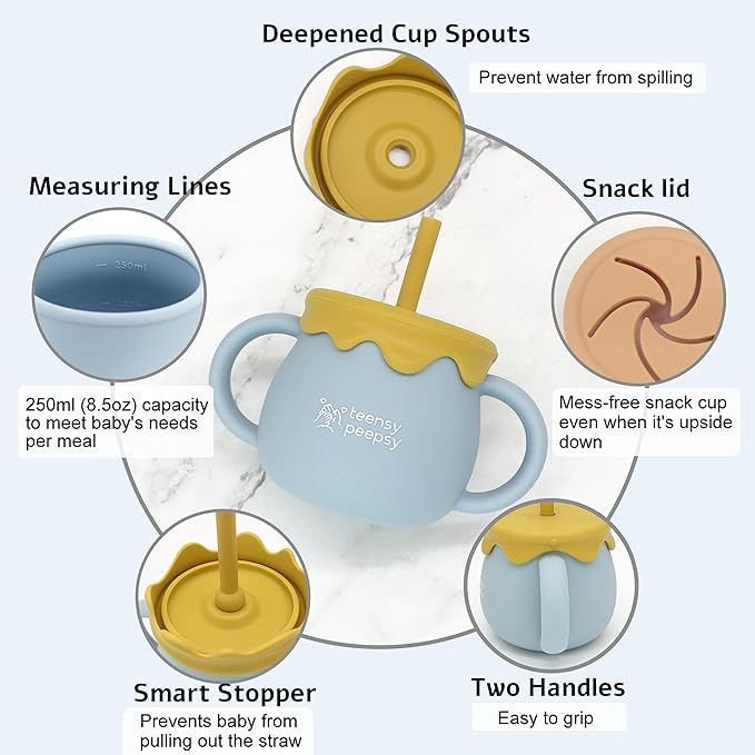 Honey Jar Pot 3-in-1 Silicone Training Cup 8.5oz, Baby Sippy Cup with Straw & Snack Cup for 6 months+ Straw Cup for Baby Boy Gift, Open Cup Toddler Smoothie Drinkware (Forest Green)