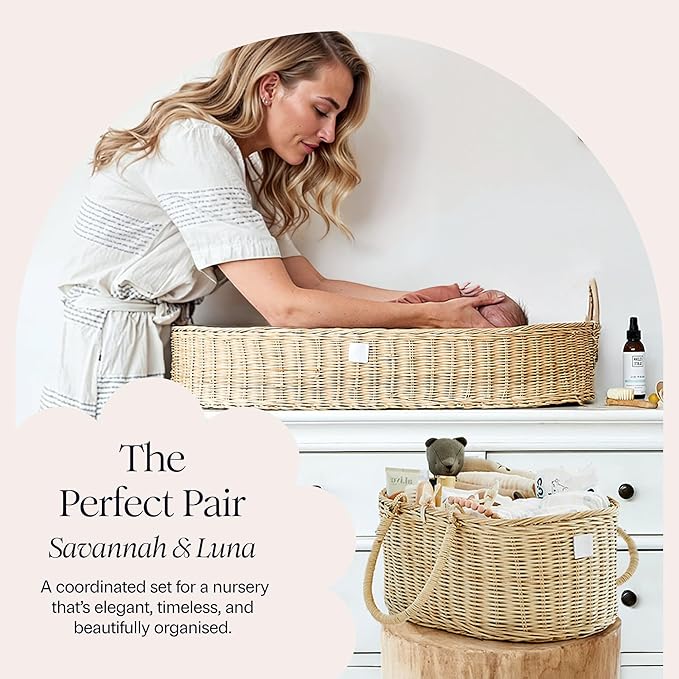 BEBE BASK Premium Baby Diaper Caddy Organizer - Handmade Rattan Basket With Cotton Divider - Award-Winning & Luxury Diaper Caddy Basket - (SAVANNAH)