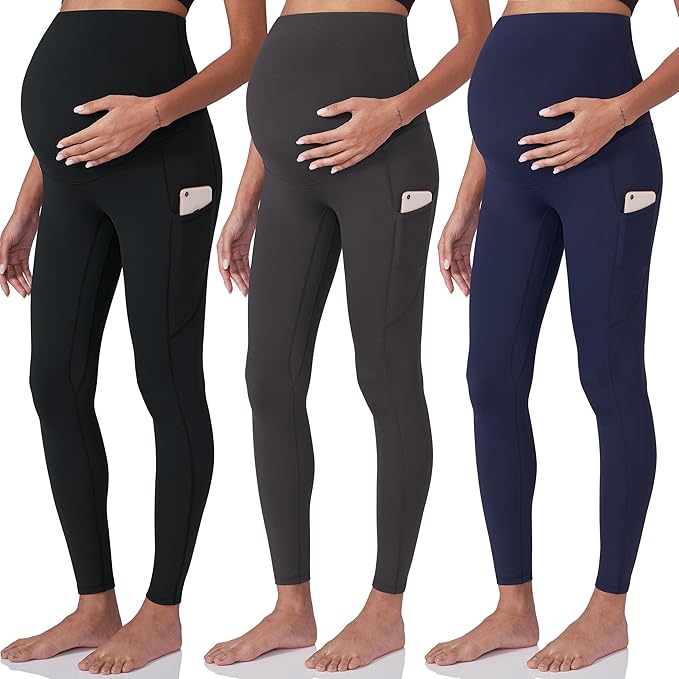 POSHDIVAH 3 Pack Women's Maternity Workout Leggings Over The Belly Pregnancy Yoga Pants with Pockets
