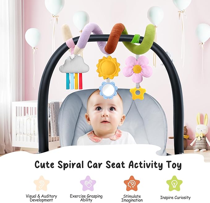 Stuffed Spiral Baby Car Seat Toys, Best Newborn, Soft Infant Essentials Must Have Hanging Toys (Vibrant Nature)