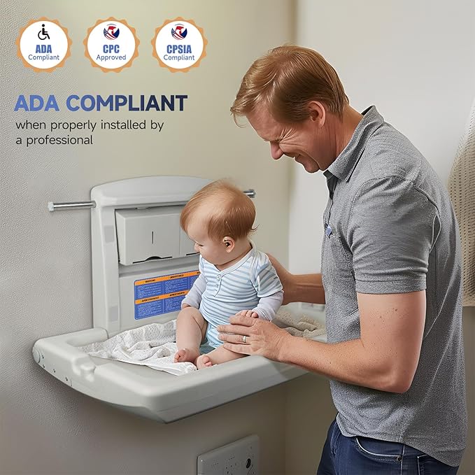 AIKE Commercial Horizontal Baby Changing Station, Wall Mounted Foldable Baby Diaper Changing Table ADA Compliant, Grayish White