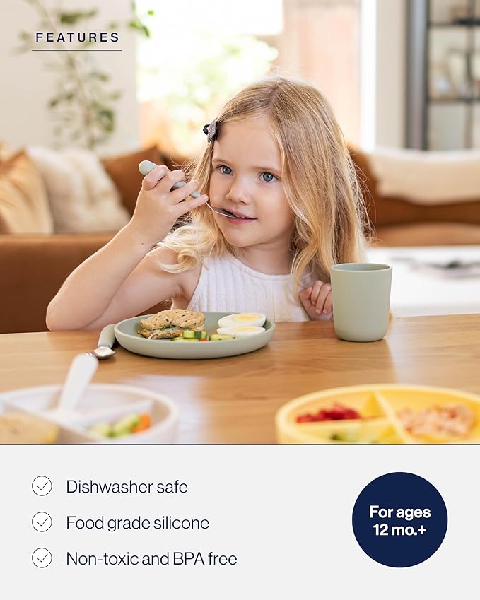 Lalo Big Bites Kids Dinnerware Full Set - Dishwasher Safe, BPA Free, Kids Tableware Set - Includes Stackable Bowl, Plate, Utensils & Cup - 7 Pieces - Grapefruit