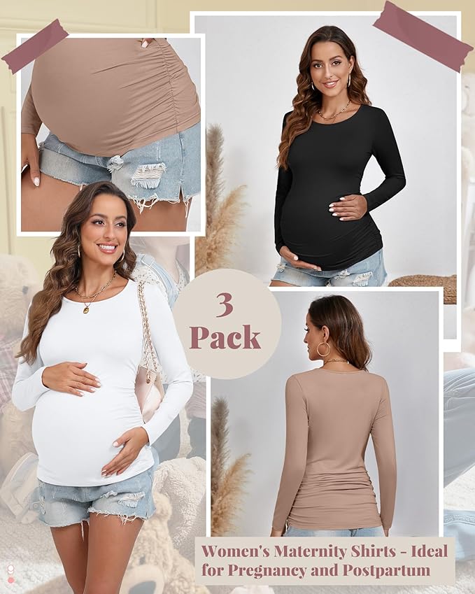 Ficerd 3 Pack Women's Maternity Shirts, Long Sleeve Side Ruched Pregnancy Tee Tops Crew Neck Casual Mama Clothes Basic Tunic