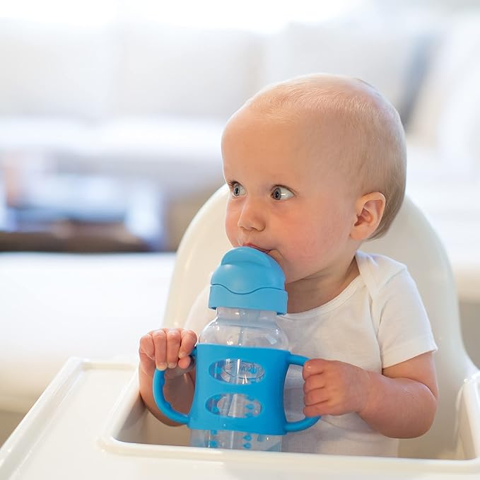 Dr. Brown's Milestones Wide-Neck Sippy Straw Bottle with 100% Silicone Handles and Weighted Straw, 9 oz/270 mL, Gray & Blue, 6m+ (Pack of 6)