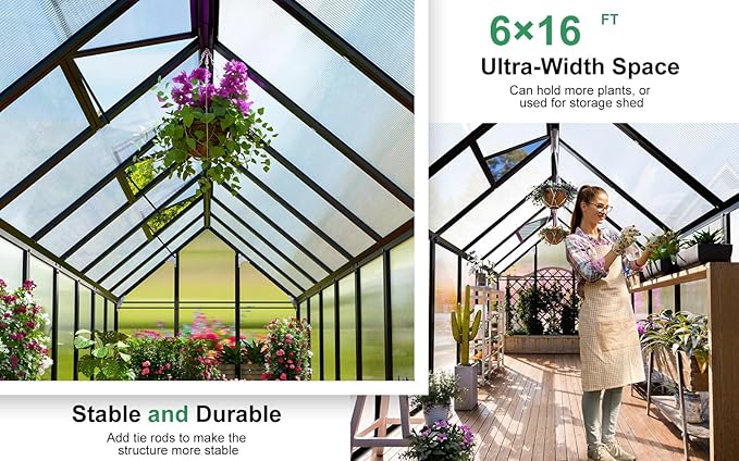CDCASA 16x6 FT Greenhouse for Outdoors, Easy Assembly Large Aluminum Heavy Duty Polycarbonate Greenhouses Kit w/2 Window, Swing Door, Walk-in Green House for Outsides, Sunroom, Backyard, Garden