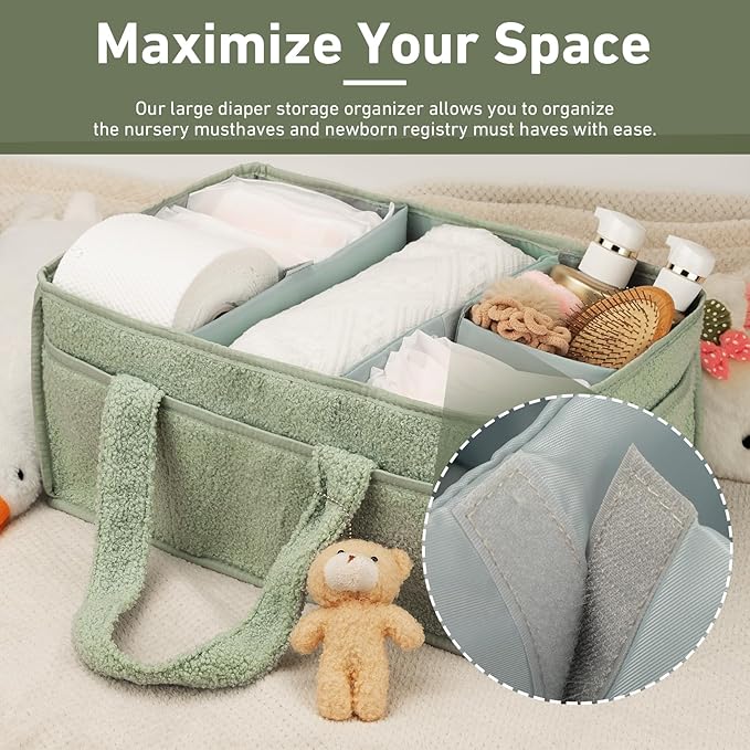 Diaper caddy, wipes, and baby essentials. Versatile as a changing table organizer or car caddy. Portable and stylish in green. Comes with a gift bag—ideal for baby showers