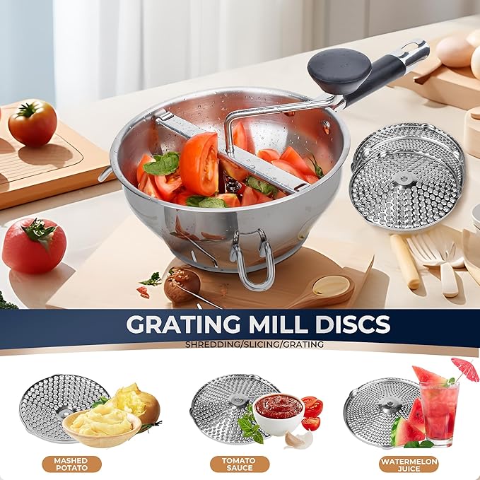 Food Mill Stainless Steel With 3 Grinding Discs and Complete Canning Supplies Starter Kit of 8-Includes Tongs, Jar Lifter, Wrench, Lid Lifter, measurer,Funnel,Labels,Multifunctional Spoon(GJ-OG-GR)