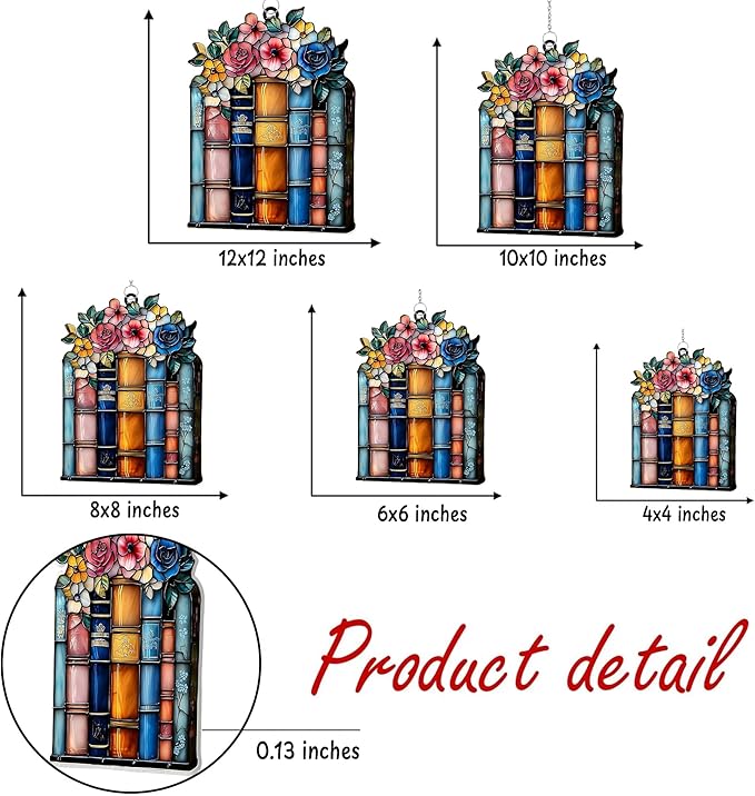 Floral Books Acrylic Suncatcher Stained Glass Effect Window Car Hanging Christmas Ornament Indoor Outdoor Decor Garden Bookish Sun Catcher Gifts for Bookworm Lover for Women Mom Grandma
