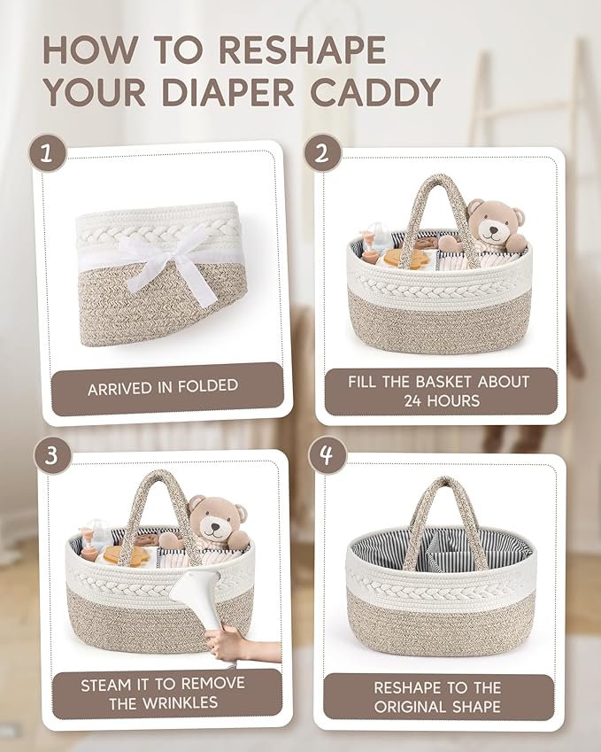 Maliton Extra Large Baby Diaper Caddy Organizer, Cotton Rope Nursery Basket, Portable Diaper Organizer for changing table, Car, Diaper Storage Organizer for Baby Stuff, Baby Shower Gifts for Newborn