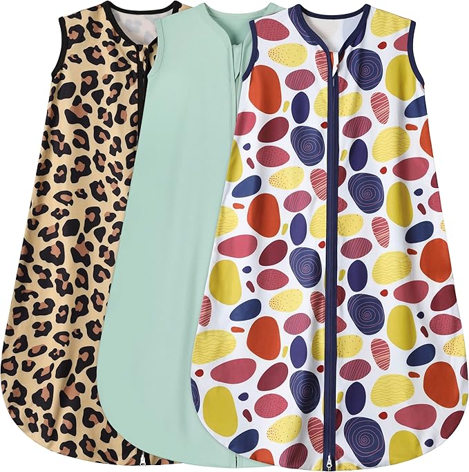 3 Pack Baby Sleep Sack 100% Rayon Cotton Baby Sleeping Bag 2-Way Zipper Toddler Wearable Blankets TOG 0.3. (Leopard&Cobble&Green, 12-18 Months)