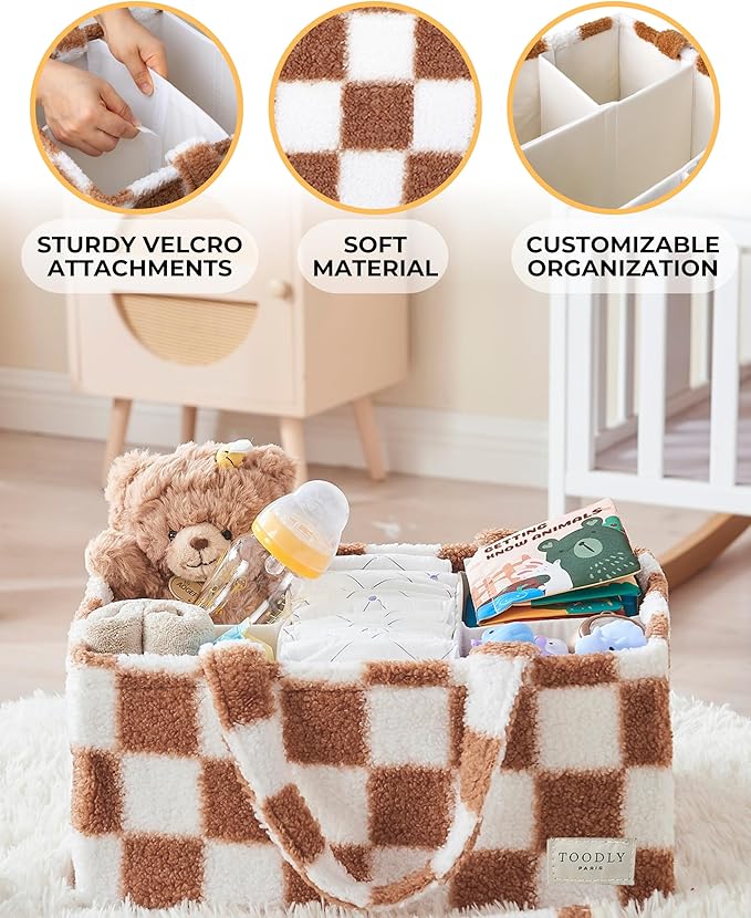 Checkered Diaper Caddy Organizer with Portable Changing Mat - Teddy Fleece Diaper Organizer for Changing Table - Caddy Organizer with Removable Dividers - Light Taupe and White