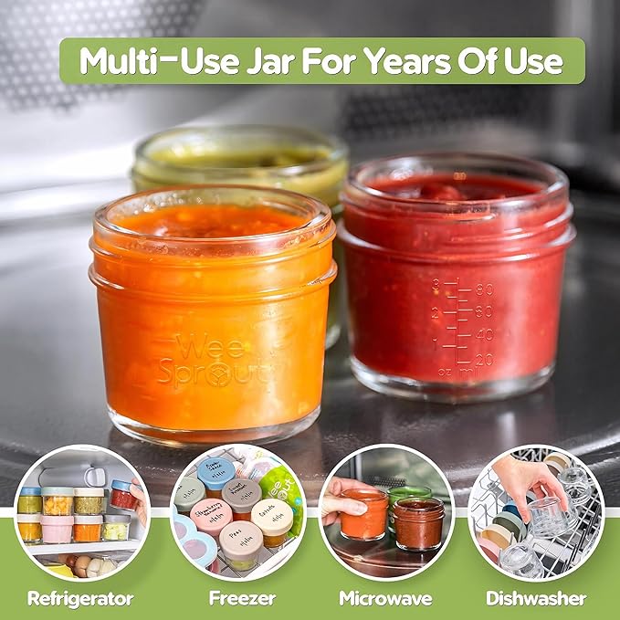 WeeSprout Baby Food Storage Glass Jars w/Lids (4 oz, 24 Pack) Matte Variety, Snack, Reusable Small Containers, Fridge or Freezer, Microwave & Dishwasher Safe, Essentials for Infants
