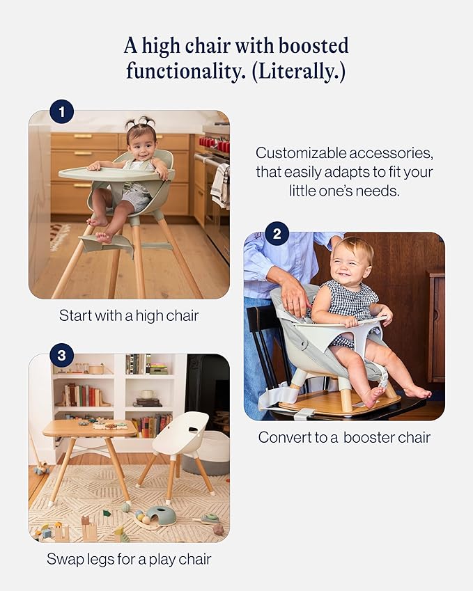 Lalo The 3-in-1 High Chair Kit - Convertible Wooden High Chair for Babies & Toddlers with Infant Support, Cushion, Booster Conversion Kit & Play Legs, Adjustable Footrest - Licorice