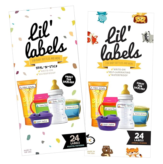 Bottle Labels, Write-On, Self-Laminating, Waterproof Kids Name Labels for Baby Bottles, Sippy Cup for Daycare School, Dishwasher Safe (Variety Pack, Set of 2)