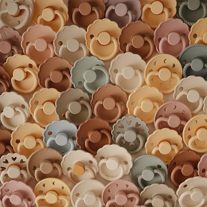 FRIGG Daisy Natural Rubber Baby Pacifier | Made in Denmark | BPA-Free (Cotton Candy/Sandstone, 6-18 Months) 2-Pack