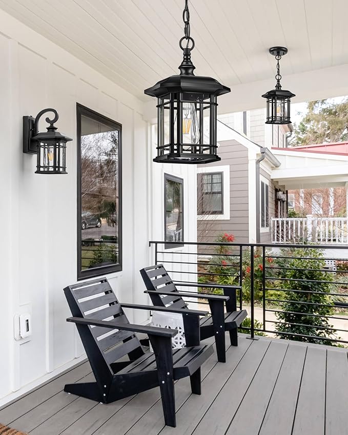 VIANIS Outdoor Pendant Lights for Porch, Black Exterior Hanging Lanterns Outdoor, Aluminum Farmhouse Ceiling Light Fixture, Waterproof Tempered Seed Glass Chandelier for Gazebo