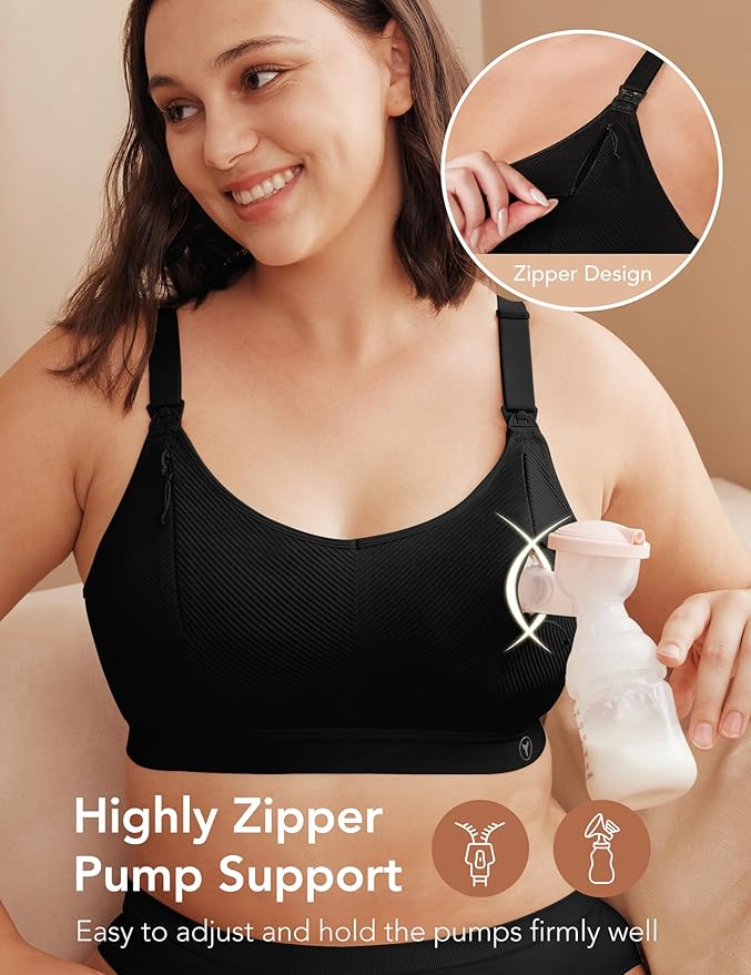 Pumping Bra Hands Free Zip Opening Seamless Nursing Bras for Breastfeeding High Support Nursing & Pumping Bra in One