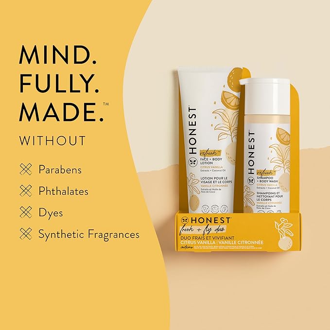 The Honest Company 2-in-1 Cleansing Shampoo and Body Wash and Face and Body Lotion Bundle Gentle for Baby Naturally Derived Citrus Vanilla Refresh 18.5 fl oz