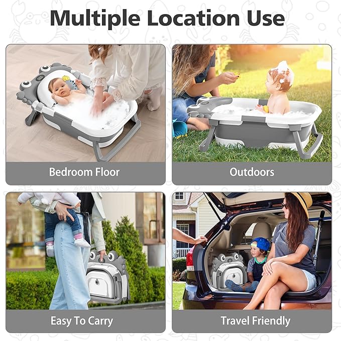 Collapsible Baby Bathtub for Newborns with Thermometer and Soft Floating Cushion Portable and Foldable Travel Baby Boy Bath Tub for Infants to Toddler 0-36 Month (Grey)