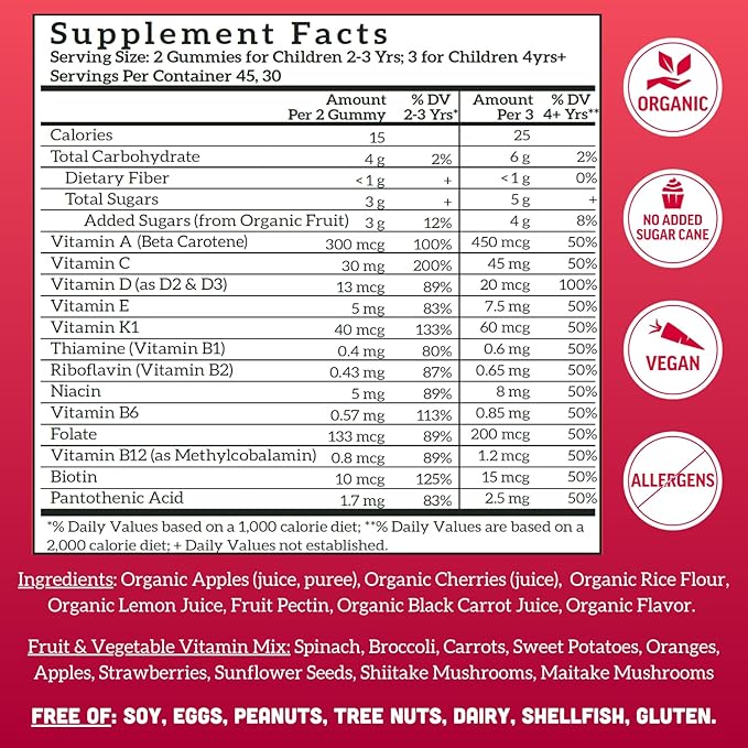 Llama Naturals Kids Multivitamin Gummies, Vegan, Organic with Vitamin D, C & K, Toddler Real Fruit Gummy Vitamins, Chewable Supplement, Whole Food Multivitamin, No Added Sugar Cane, Cherry, 90 Ct