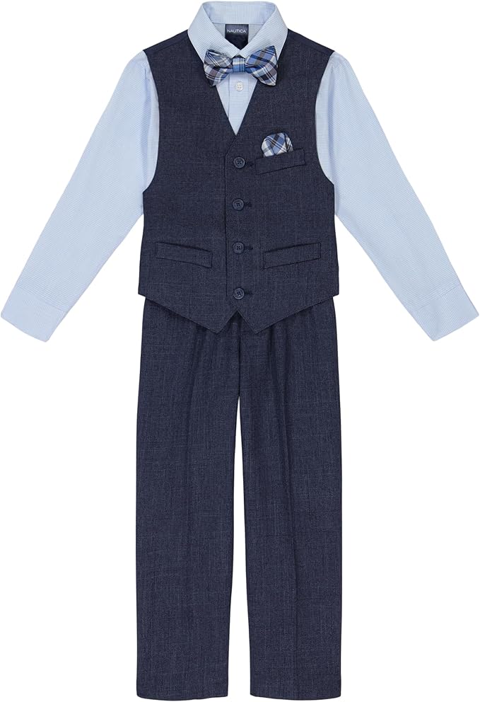 Nautica Boys' 4-Piece Formal Suit Set with Vest, Pants, Collared Dress Shirt, and Tie