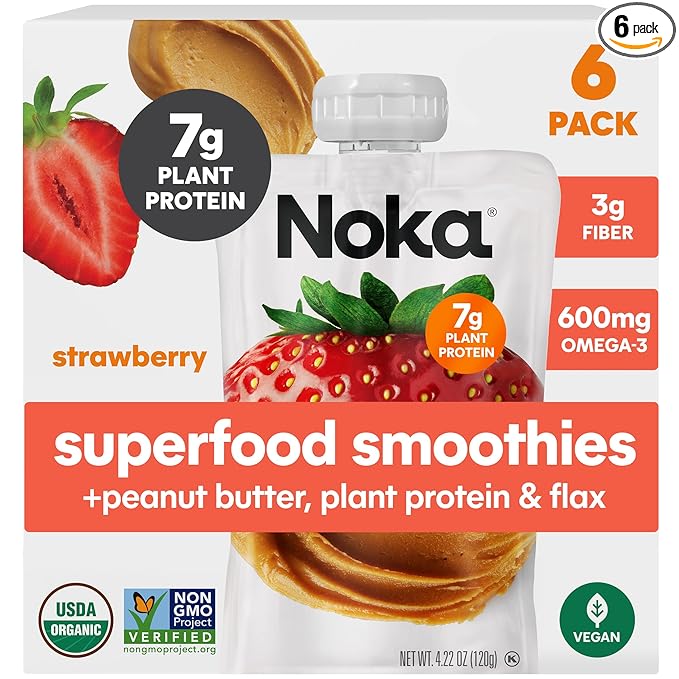 Noka Superfood Fruit & Nut Butter Smoothie Pouches, Healthy Snacks (Strawberry Peanut Butter) 6 Pack, Vegan, Plant Protein, Gluten-Free, Organic, Meal Replacement Squeeze Packs, 4.22oz Ea