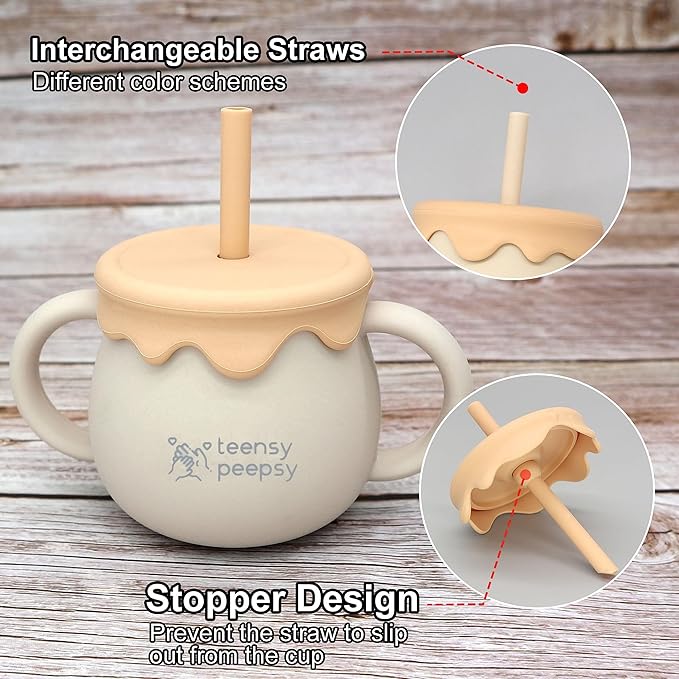 Honey Jar Pot 3-in-1 Silicone Training Cup 8.5oz, Unisex Baby Sippy Cup with Straw & Snack Lid for 6 months+ Break Resistant Straw Cup for Toddler Smoothie Drinkware (Sandy Beige)