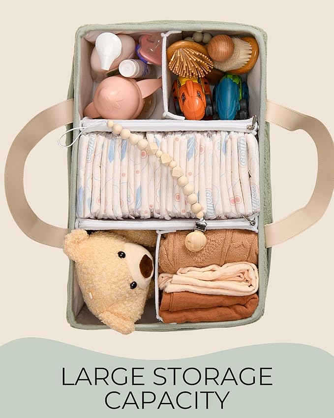 Baby Diaper Caddy Organizer with Portable Changing Mat - Teddy Fleece Diaper Organizer for Changing Table - Basket for Changing Essentials - Baby Essentials Organizer with Removable Dividers