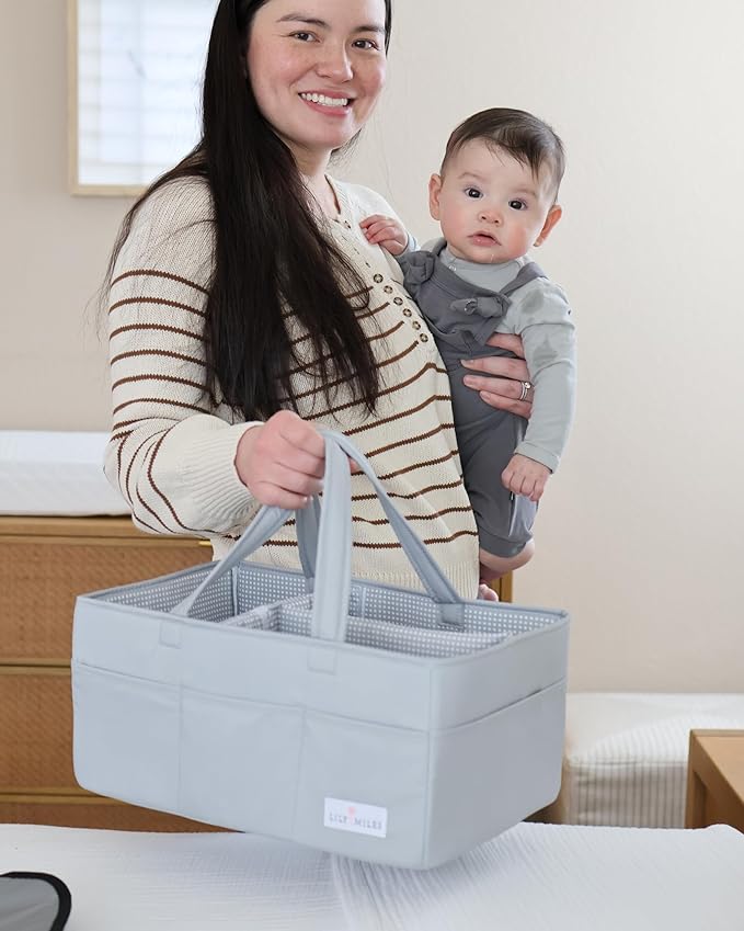 Lily Miles Diaper Caddy Organizer with 8 Pockets, Wipeable Baby Caddy Basket for Diapers and Wipes, Baby Registry Favorites, Nursery Tote Bag for Changing Table or Car (Heather Grey, Large)