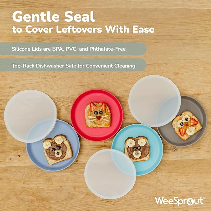 WeeSprout Bamboo Plates with Silicone Lids, Set of 4, Kid-Sized Dinnerware, Cereal, Leftovers & Snacks, Dishwasher Safe Melamine Dishware (Pink, Green, Gray, and Beige)