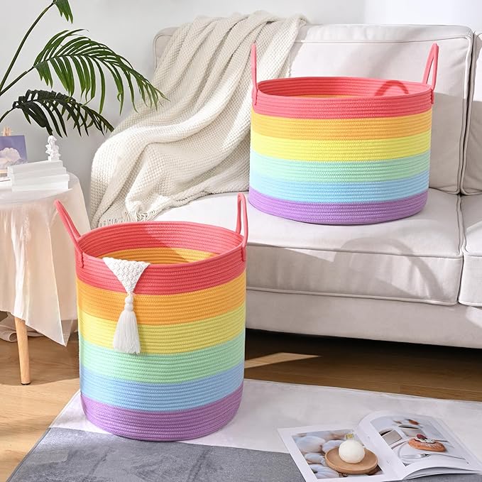 52L Rainbow Storage Basket for Organizing, 15"×18" Large Tall Laundry Baskets, Cotton Rope Woven Blanket Basket, Toy Storage for Kids, Collapsible Laundry Hamper for Living Room, Nursery Room