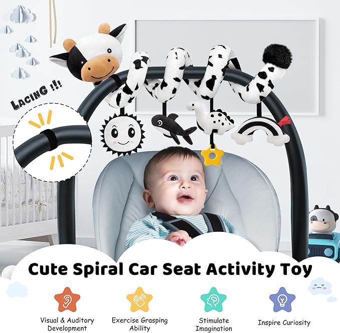 Spiral Car Seat Baby Toys 0-6 Months, Infant Carseat High Contrast Sensory Toys Hanging Stroller Accessories, Newborn for Baby Boys Girls Essentials Stuff, Cute Black and White Cow