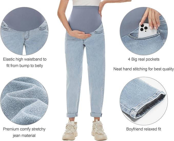 POSHGLAM Women's Maternity Jeans Over Belly Comfy Stretch 28'' Boyfriend Jeans Loose Pregnancy Pants, S-XXL