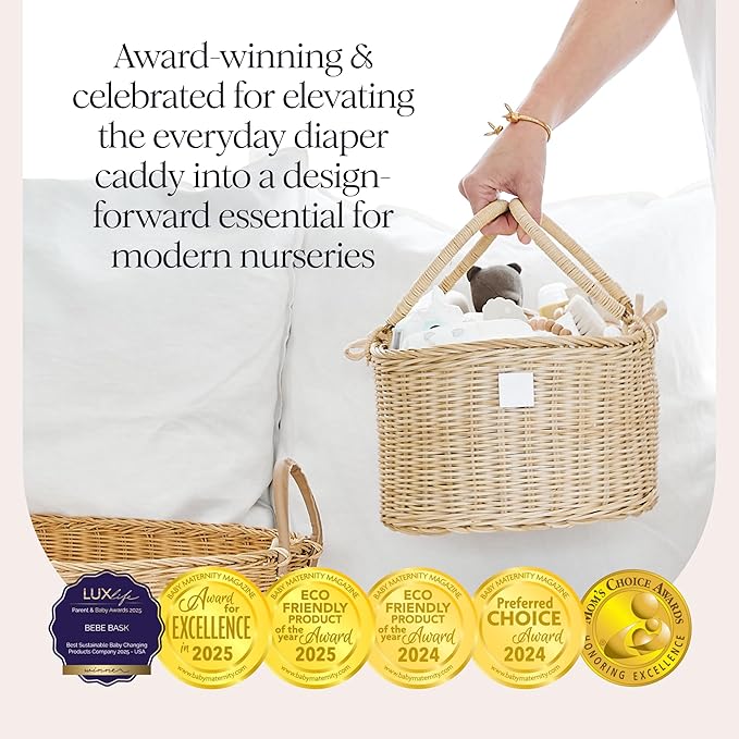 BEBE BASK Premium Baby Diaper Caddy Organizer - Handmade Rattan Basket With Cotton Divider - Award-Winning & Luxury Diaper Caddy Basket - (SAVANNAH)