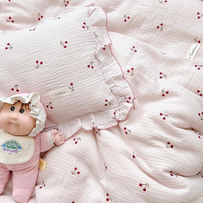 AOJIM Pink Cotton Muslin Kids Toddler Pillowcase Super Soft Baby Crib Bedding Pillowcase with Ruffle Edges Machine Washable Cherry Nursery Pillowcase for Boys Girls, Durable Kids Pillow Cover, 26*20''