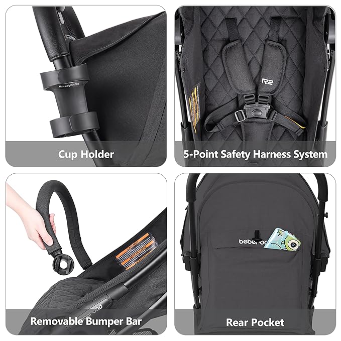 Beberoad Love R2 Small Travel Stroller Compact Strollers Foldable Lightweight Baby Stroller for Airplane, Infant Toddler Stroller with Adjustable Backrest, Cup Holder and Waterproof Canopy, Black