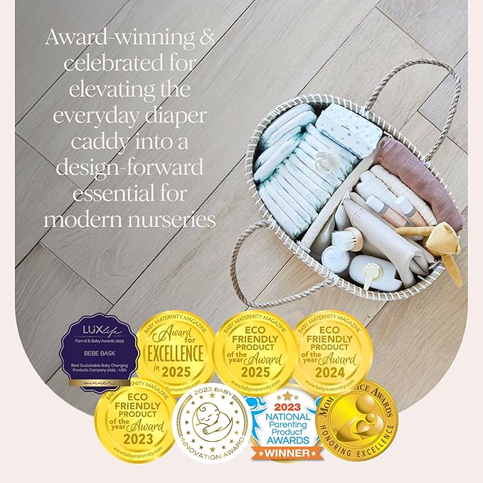 BEBE BASK Premium Baby Diaper Caddy Organizer - Handmade - Seagrass Basket With Cotton Divider - Award-Winning & Luxury Diaper Caddy Basket - White (NATURAL)