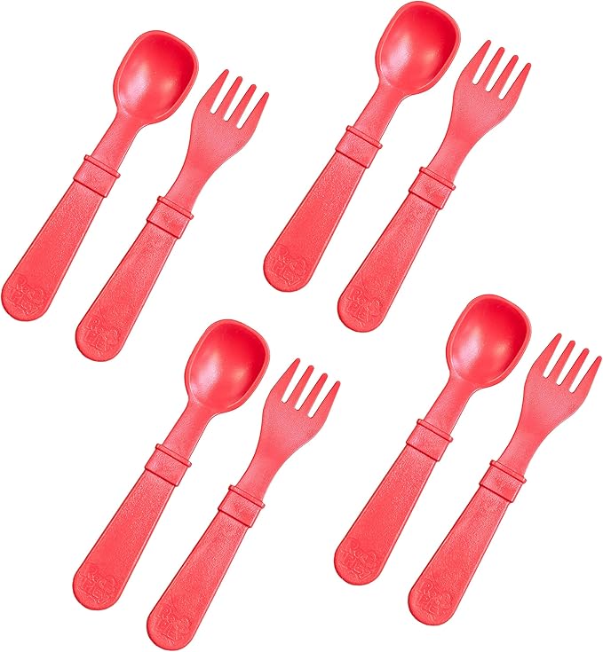 Re-Play Toddler Forks and Spoons Set - 4x4 Utensils Set for Kids - Dishwasher and Microwave Safe - Made in USA - Pack of 8 - Red
