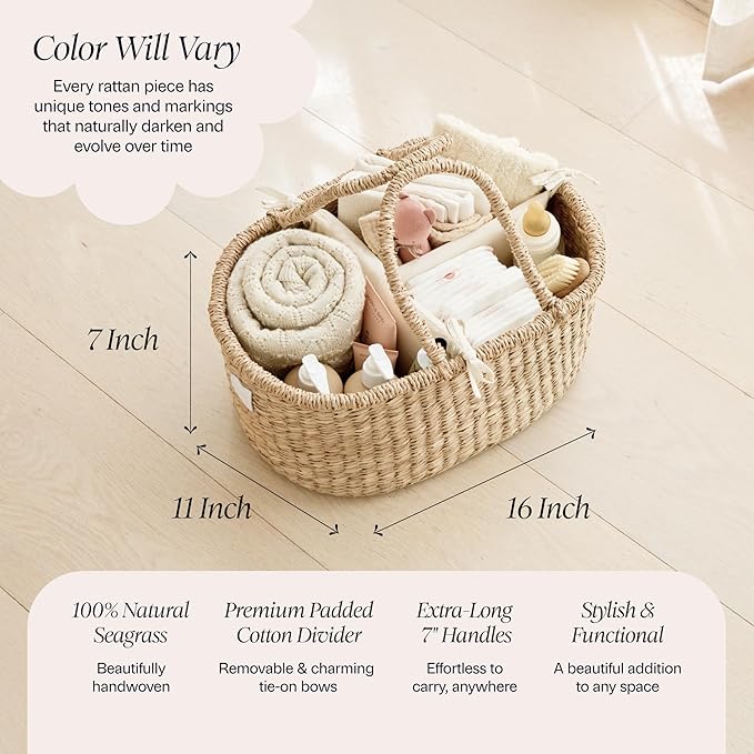 BEBE BASK Premium Baby Diaper Caddy Organizer - Artisan-Made Seagrass Basket With Cotton Divider - Award-Winning & Luxury Diaper Caddy Basket (ROSA)