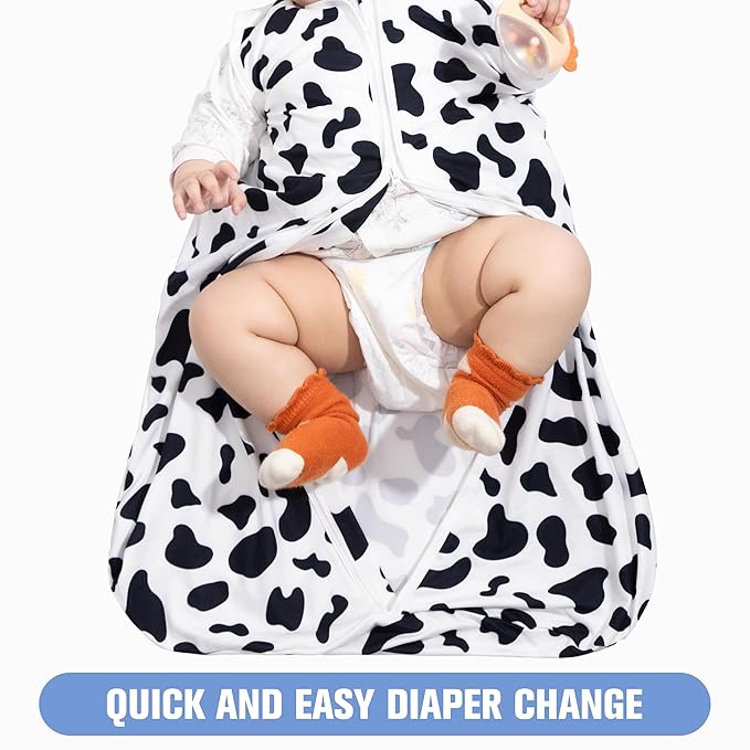 Baby Sleep Sack 6-12 Months Baby Wearable Blanket 100% Rayon Cotton 2-Way Zipper Toddler Sleeping Sack，Comfy Soft Lightweight TOG 0.3（Cow Print）