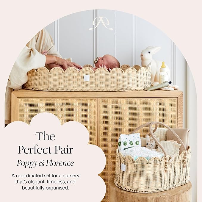 BEBE BASK Premium Baby Diaper Caddy Organizer - Handmade & Award-Winning Scalloped Rattan Basket - Luxury Diaper Caddy Basket - Elegant Scalloped Edge (Natural)