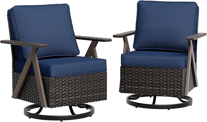 Outdoor Wicker Swivel Chairs Set of 2, Patio Furniture Set with 360 Degree Wicker Swivel Rocking Chairs with Metal Frame and Deep Seating