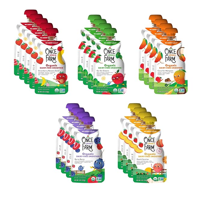 Once Upon a Farm Pouches, Dairy-Free Smoothie Variety Pack, Strawberry, Apple, Banana, Coconut Milk, Mango, Peach, USDA Certified Organic, Non-GMO, Cold-Pressed, No Sugar Added, Variety Pack of 24