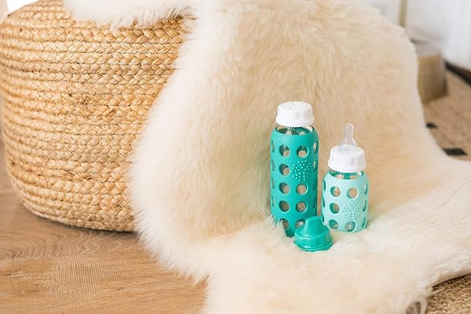 Lifefactory Baby Bottle Starter Set 12-Piece | 4 oz Mint & Blanket, 9 oz Kale & Blueberry | Includes Flat Caps, Sippy Caps, Stage 3 Nipples