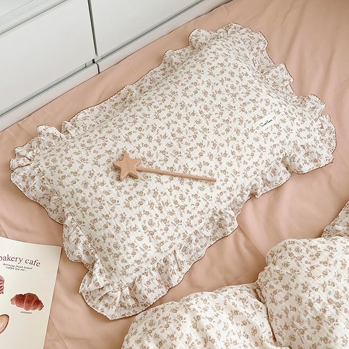 BuLuTu Cotton Muslin Kids Toddler Pillowcase with Cute Camellia Flowers Super Soft Travel Pillow Nursery Pillowcase for Boys,Girls,Bedding Decor Machine Washable, Durable Pillowcase,1 Piece,14"x20"