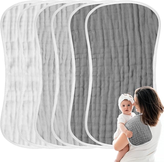 MUKIN Baby Muslin Burp Cloth Set of 6, Ultra Soft Absorbent Thick Cotton Burping Cloths for Unisex Newborn Babies, 20'' by 10'' Neutral Milk Spit Up Rags Boys Girls - Baby Must Haves. (Gradient Grey)