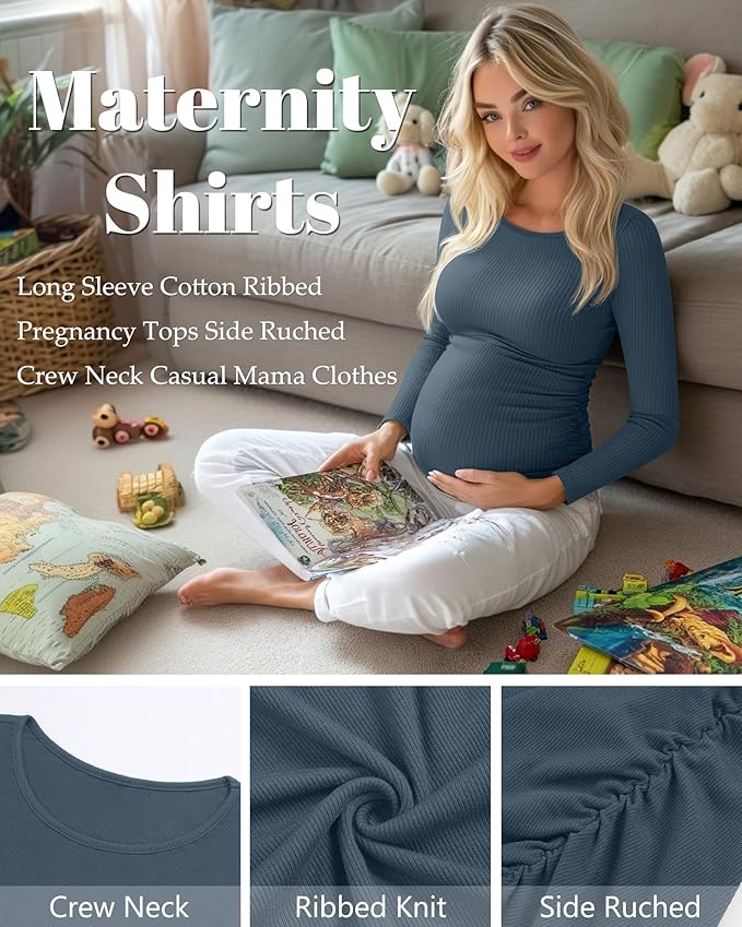 Huukeay 4 Pack Women's Maternity Shirts, Long Sleeve Cotton Ribbed Pregnancy Tops Side Ruched Crew Neck Casual Mama Clothes