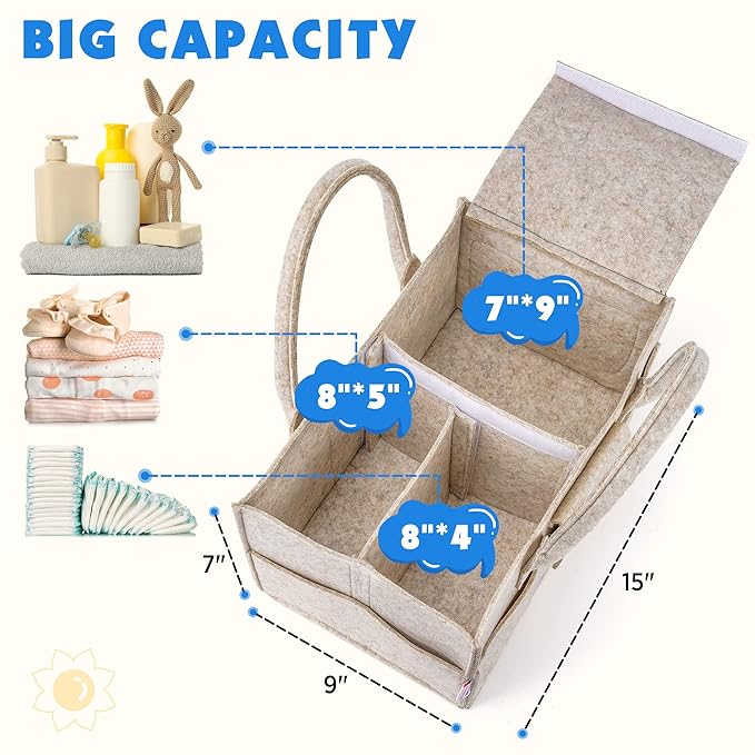 Maliton Baby Diaper Caddy Organizer with Handles, Felt Caddy for Changing Table, Newborn Essentials Bin with Lid